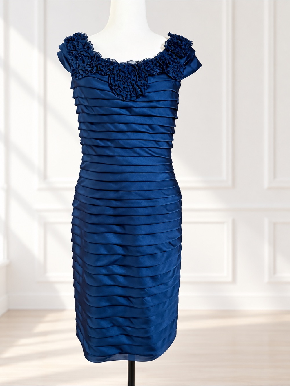 Adrianna Papell Cobalt Blue Beaded Rosette Pleated Sheath Dress, Size 10